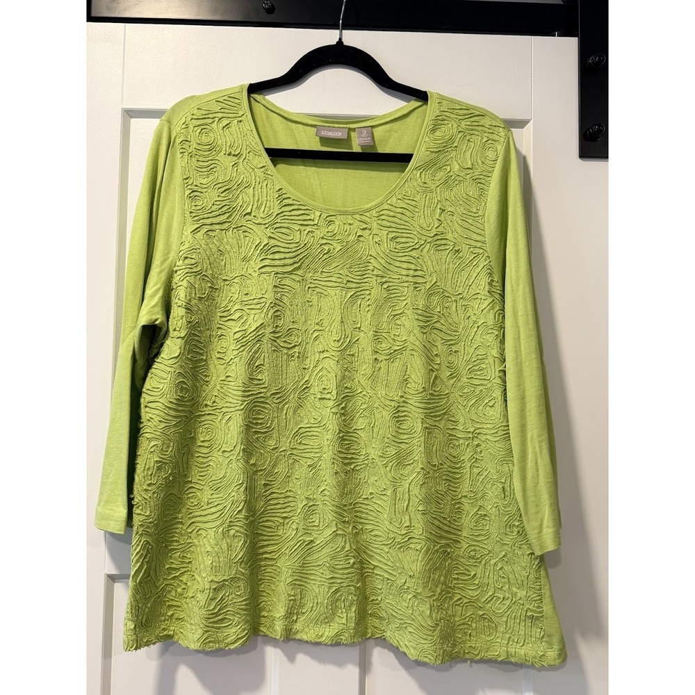 Chico's Lime Textured Scoop Neck 3/4 Sleeve Top